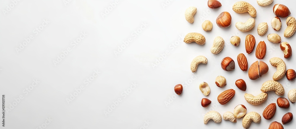 Aufkleber Mixed nuts of various shapes and colors scattered on a light gray background with ample copy space on the left side for text or design elements