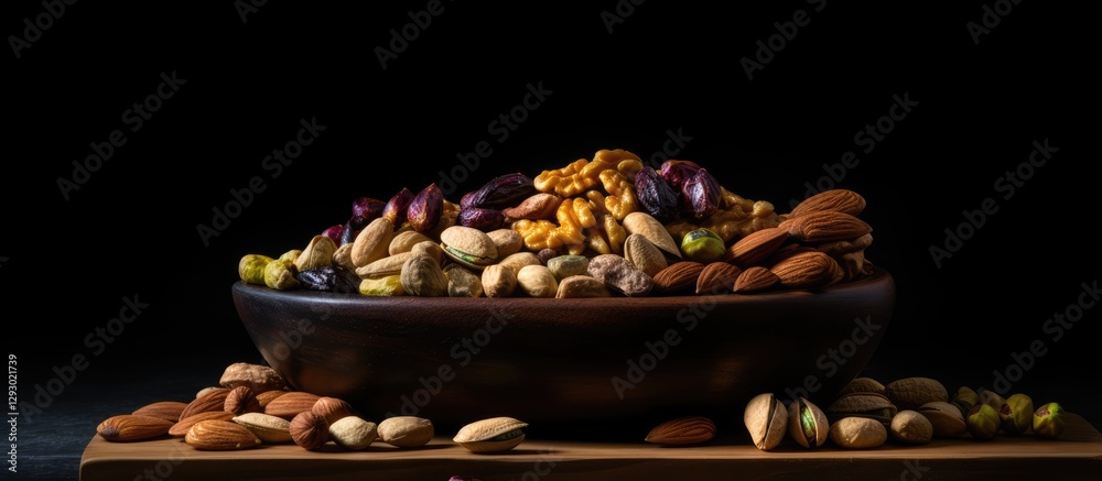 Poster diverse assortment of healthy nuts in a dark stone bowl centered on a black background with rich tex
