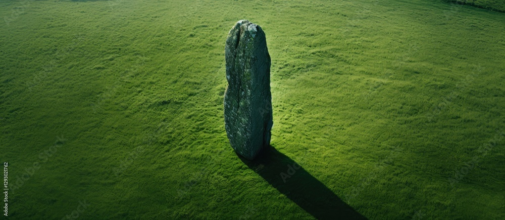 Poster mysterious standing stone with a tall vertical shape casting a long shadow on lush green grass under