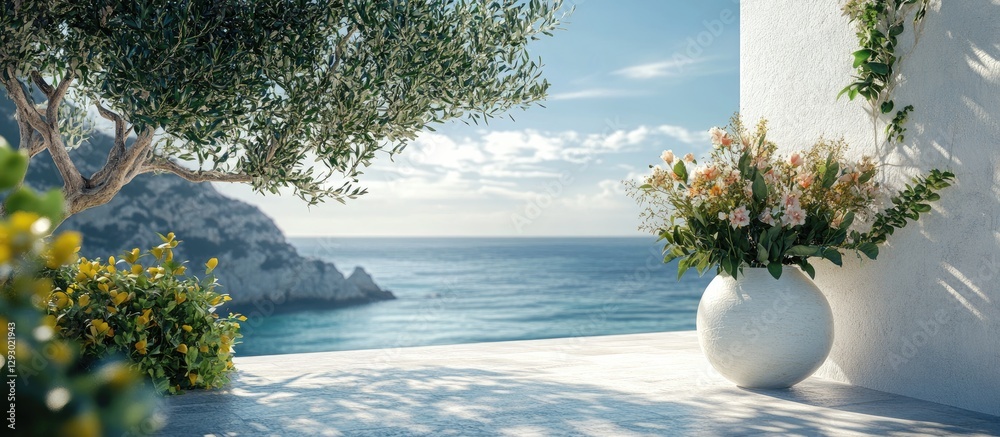 Poster serene coastal view with a white vase filled with flowers in the foreground, olive tree on the left,