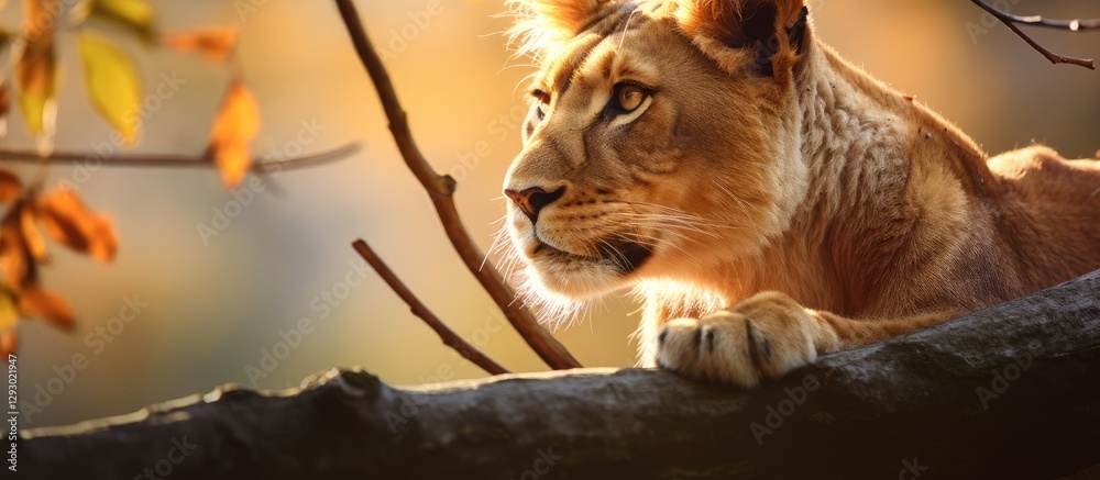 Aufkleber Close-up of a lioness resting on a tree branch with blurred bokeh background featuring warm golden tones; sharp focus on her expressive face and paw.