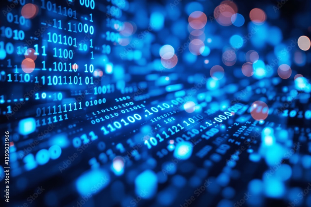 Poster Abstract binary code glowing in blue light with bokeh effects.