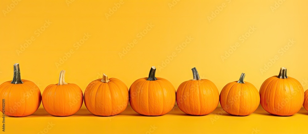 Poster Vibrant yellow background with a row of bright orange pumpkins arranged horizontally offering ample space for text insertion on the left side