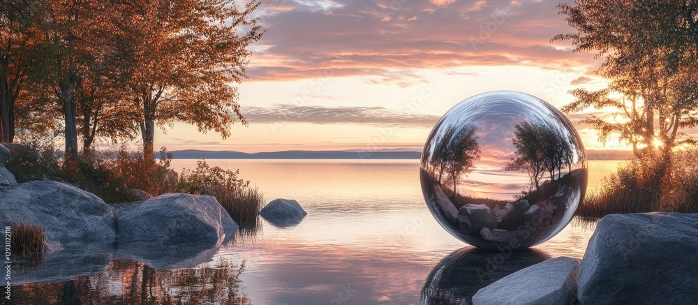 Poster reflective silver sphere by tranquil lake with autumn trees at twilight featuring soft pastel hues i
