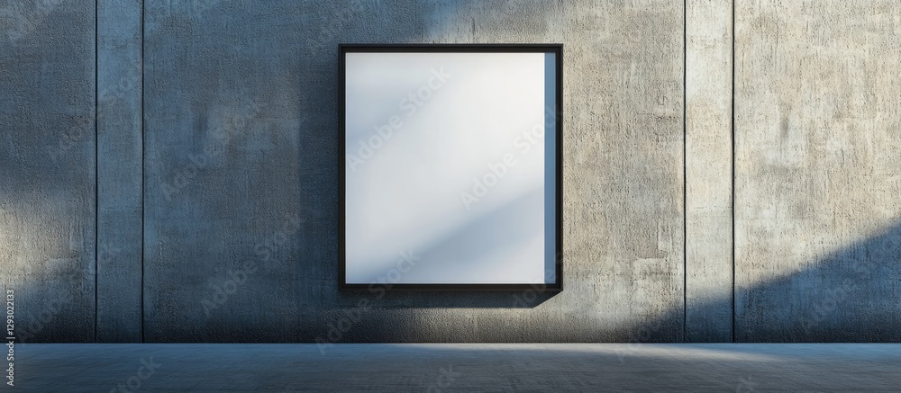 Poster Minimalist poster mockup in a black frame against a textured gray wall, emphasizing simplicity and modern aesthetic with soft shadows.