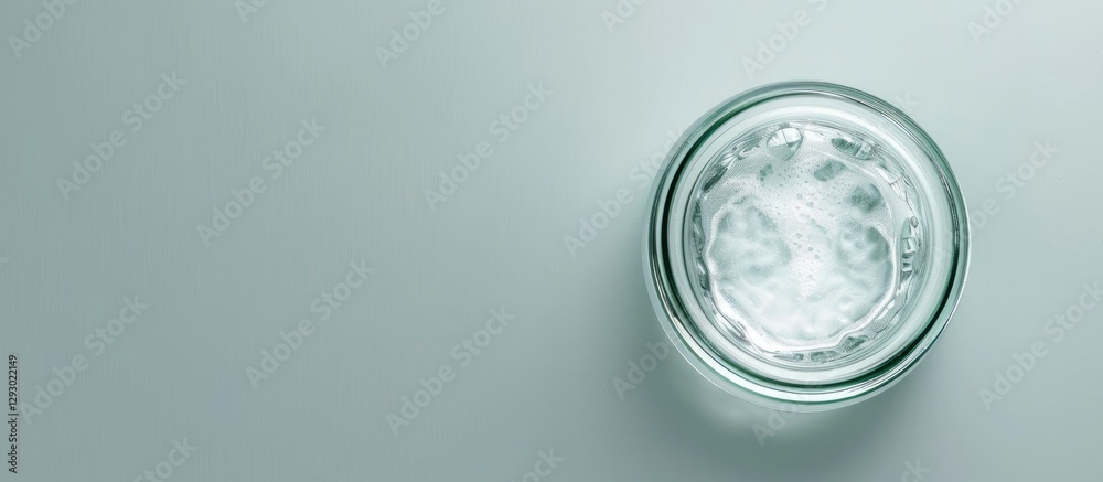 Poster transparent glass jar filled with cream partially submerged in clear water on light teal background 