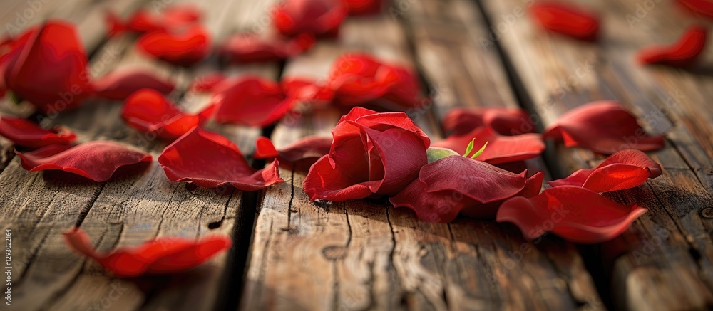 Aufkleber Close-up of vibrant red rose petals scattered on weathered wooden planks with soft focus creating a romantic and artistic background space