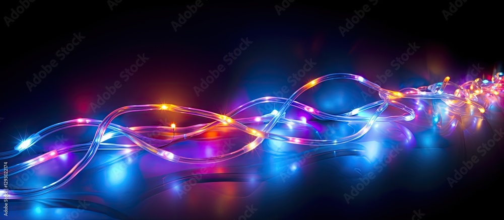 Poster Colorful LED string lights gracefully arranged in wavy lines against a black background, featuring bright blue, orange, and purple hues.