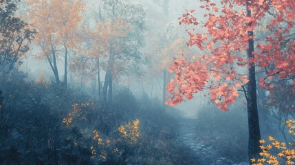 Obraz premium A fog-covered mountain forest, with vibrant autumn leaves glowing softly in the diffused light.