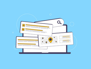 Paid results and organic search results on SERP. SEO optimization, local search ranking and text-based ads improve visibility. Search engine marketing boosts traffic and enhances online presence