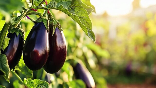 Fresh big eggplants growing and ripening on a bush. Close-up view of aubergine plant with juicy eggplant cluster. Homegrown healthy food. Gardening, control examining harvesting of organic produce