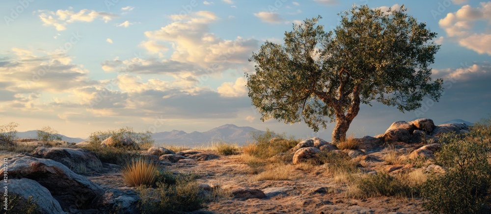 Poster lone olive tree on rocky terrain under a vast sky with soft clouds and distant mountains showcasing 