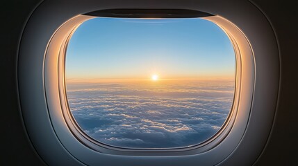 As morning sun bathed luxurious interior of modern business jet in a warm glow. Through window breathtaking panoramic vista of sun-kissed clouds.
