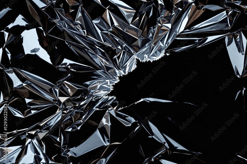 Poster Cracked metallic surface with abstract sharp reflections on a black background.