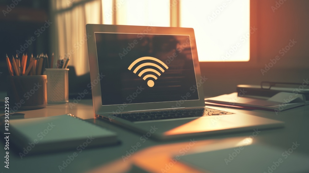 Poster A close-up of a laptop screen displaying a Wi-Fi connection icon, surrounded by notebooks and stationery, creating a modern workspace atmosphere.