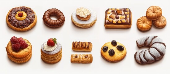 Assorted pastries and desserts displayed on a clean white background with varied colors of brown, tan, and cream arranged in two rows.