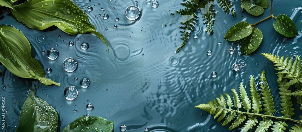 Aufkleber lush green leaves and water droplets create a serene flat lay composition on a deep blue background 