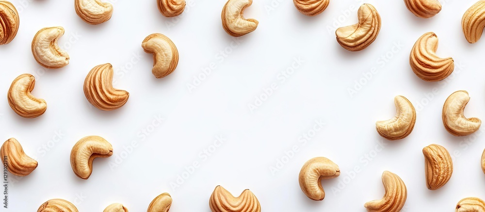Aufkleber Golden cashew nuts arranged in a circular pattern on a bright white background creating a clean and elegant nut-themed design for advertisements.