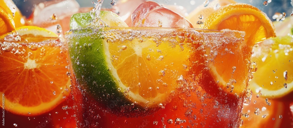 Aufkleber Colorful citrus fruit slices including orange and lime float atop sparkling soda with ice cubes, creating a refreshing summer drink composition.