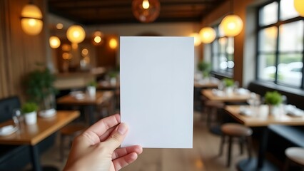Blank white sheet of paper in hand in cozy cafe with warm lighting