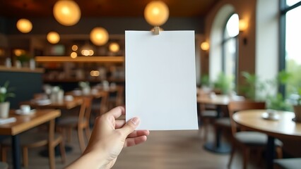 Blank white sheet of paper in hand in cozy cafe with warm lighting