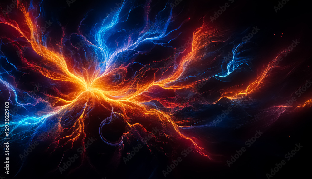Aufkleber Abstract fiery and cool energy streams collide and merge in the darkness, creating a dynamic display of vibrant light and contrasting colors.