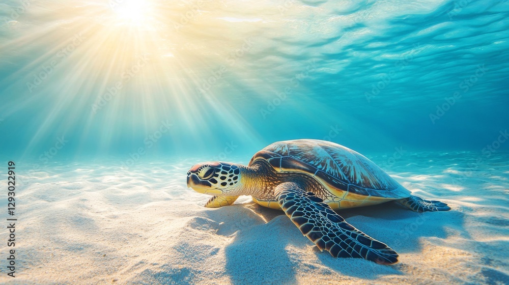 Poster A close-up of a sea turtle resting on a sandy ocean floor, with sunlight filtering through the water, illuminating its textured shell and serene expression.