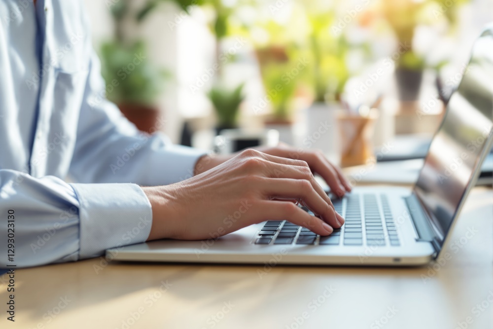 Aufkleber hands typing on a laptop keyboard in a bright office with blurred greenery in the background.