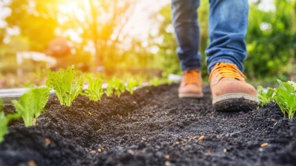 Walking on a path between rows of young vegetable plants in a garden