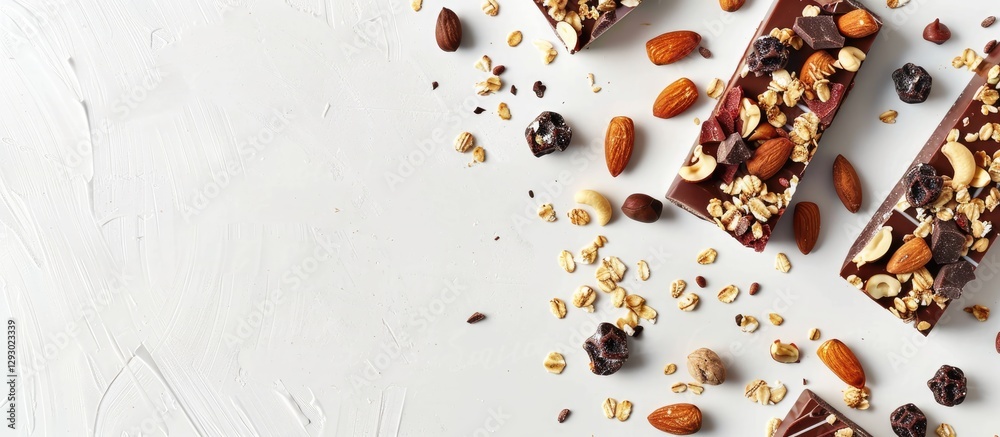 Poster nutty muesli bars with dark chocolate on a light textured background scattered with almonds oats and