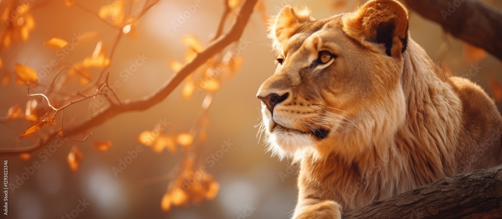 Poster Majestic lioness resting on a tree branch, warm orange bokeh background with soft leaf blur, serene gaze amidst autumn foliage.