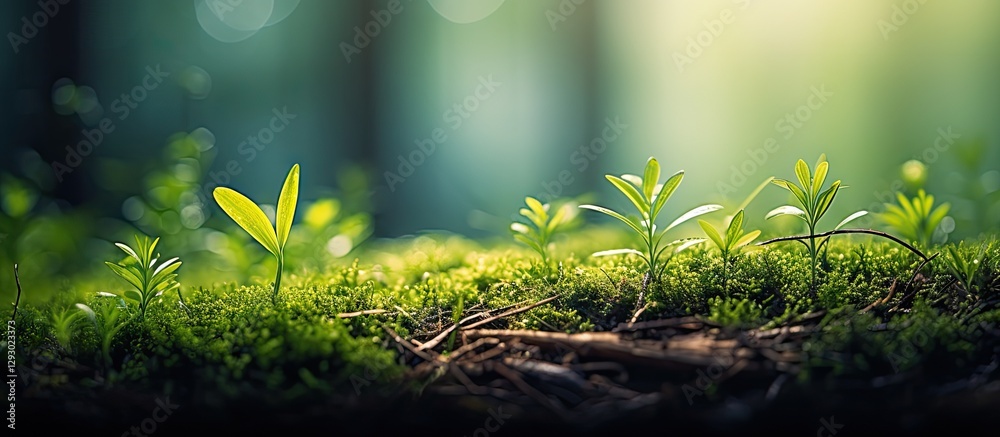Poster lush green plants and grass on a forest floor, with soft light illuminating the foreground, creating