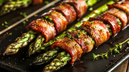 A close-up of bacon being wrapped around asparagus spears, set on a baking sheet ready for roasting, with herbs scattered around for garnish.