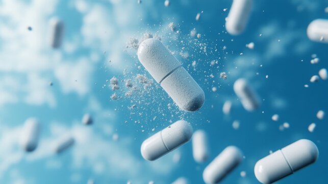 White Supplement Capsules and Powder Floating in Blue Sky Background