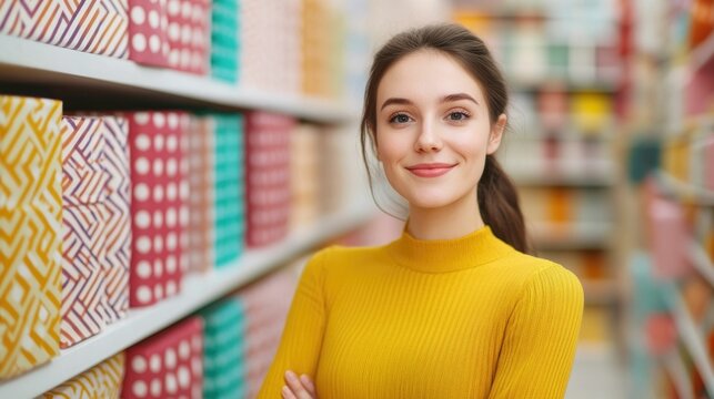 Cheerful woman shopping for personalized gift boxes with curated themes in a creative and modern gift store celebrating uniqueness and individuality through a variety of customizable merchandise