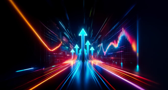 Neon arrows illuminate abstract digital space with vibrant lines and shapes on a dark background, suggesting upward growth and futuristic technology.