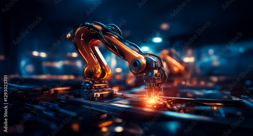 Aufkleber a metallic robotic arm welds with sparks in a dark, automated factory environment showcasing industr