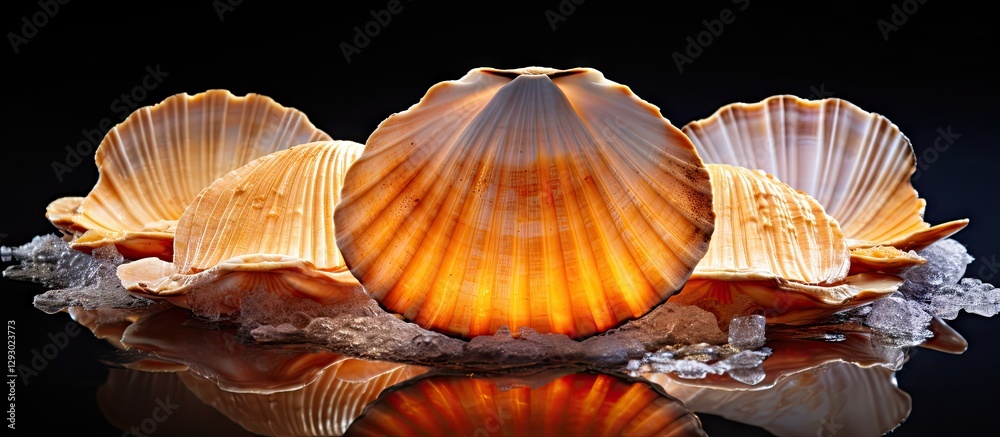 Poster Scallops arranged on ice with vibrant orange and beige shells centered against a dark background creating an appetizing display with ample copy space.