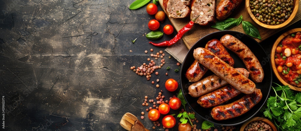 Poster rustic overhead view of a fresh meal featuring grilled sausages lentils and vibrant vegetables on a 