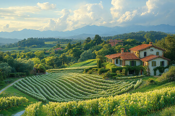Vineyard Estate, A Verdant Landscape Under a Dramatic Sky Canvas