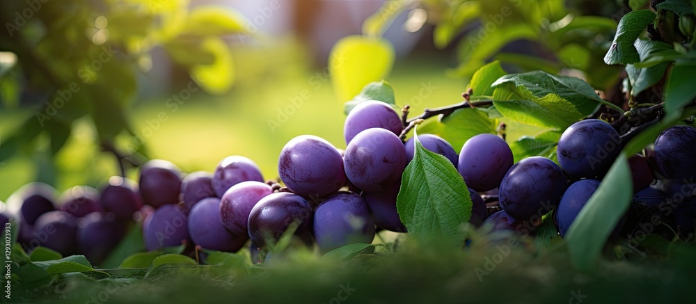 Poster vibrant purple plums clustered on lush green grass with soft sunlight illuminating the scene creatin