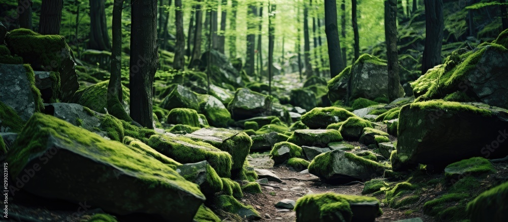 Poster Moss-covered rocks in a lush green forest with dappled light filtering through trees creating a serene and rugged natural landscape scene