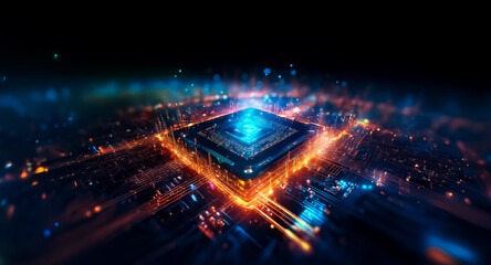 A futuristic glowing square emits vibrant blue and orange light rays on a dark backdrop. It resembles a central processing unit or a technological core.