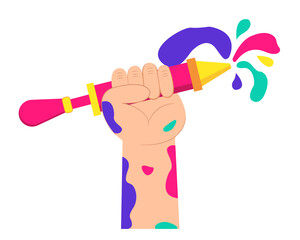 hand holding holi colors water guns playing holi festival of colors