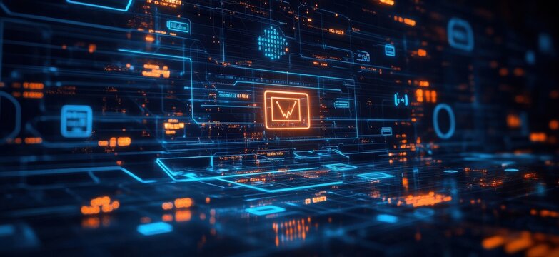 A digital image themed on cyber security with various icons, graphs, and a central text box, on a dark blue background, concept of network protection. 3D Rendering