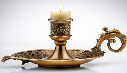 Baroque-style brass candlestick isolated on white background