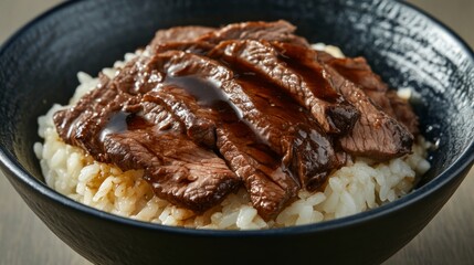 Fototapeta premium A close-up of tender beef slices over perfectly cooked rice, with a glossy sauce coating the dish, evoking a sense of delicious indulgence.