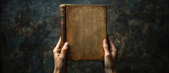 Hands holding a vintage book with a worn brown cover positioned centrally against a textured dark backdrop highlighting the book's detail.