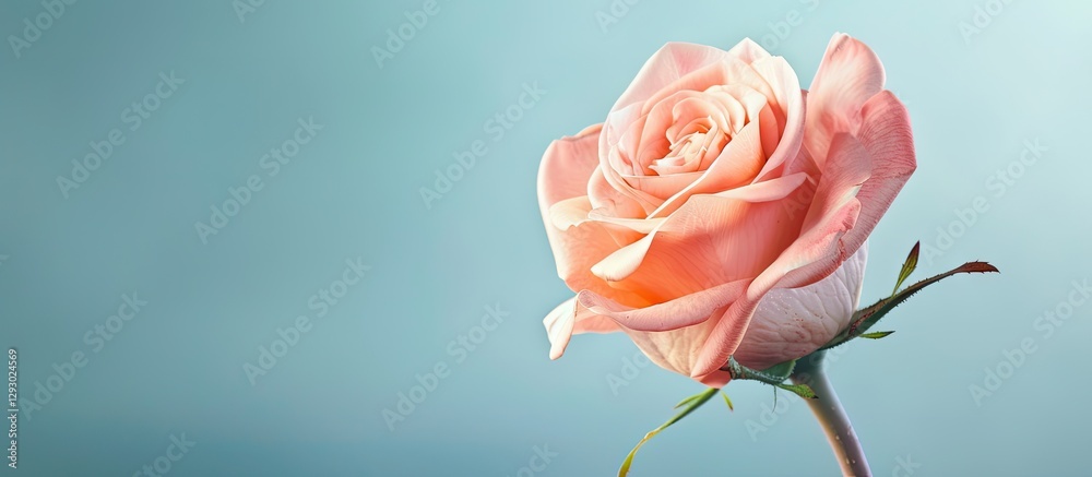 Poster delicate pink rose positioned right against a soft blue backdrop, featuring ample copy space for cre