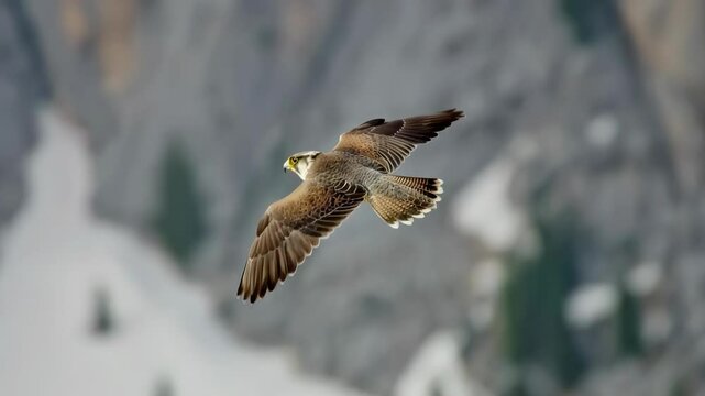 A powerful peregrine falcon glides effortlessly with its wings fully extended, soaring against a dramatic mountain landscape in the background.
